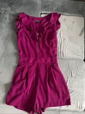 Express Magenta Ruffle-Trim Zip-Front Romper